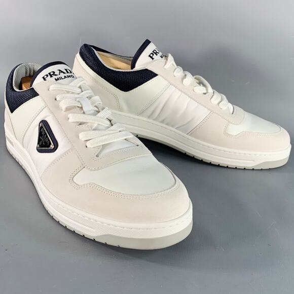 PRADA Size 11 White Navy Color Block Logo Leather Nylon Mesh Sneakers - Picture 1 of 12